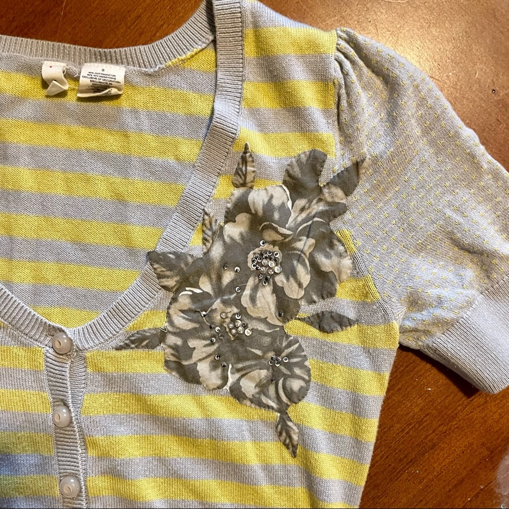 Moth Gray and Yellow Striped Short Sleeve Sweater